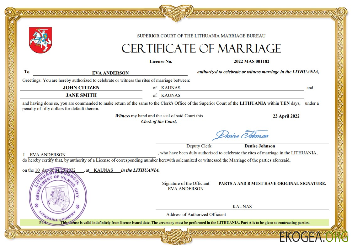 Modèle Word et PDF d'acte de mariage en Lituanie